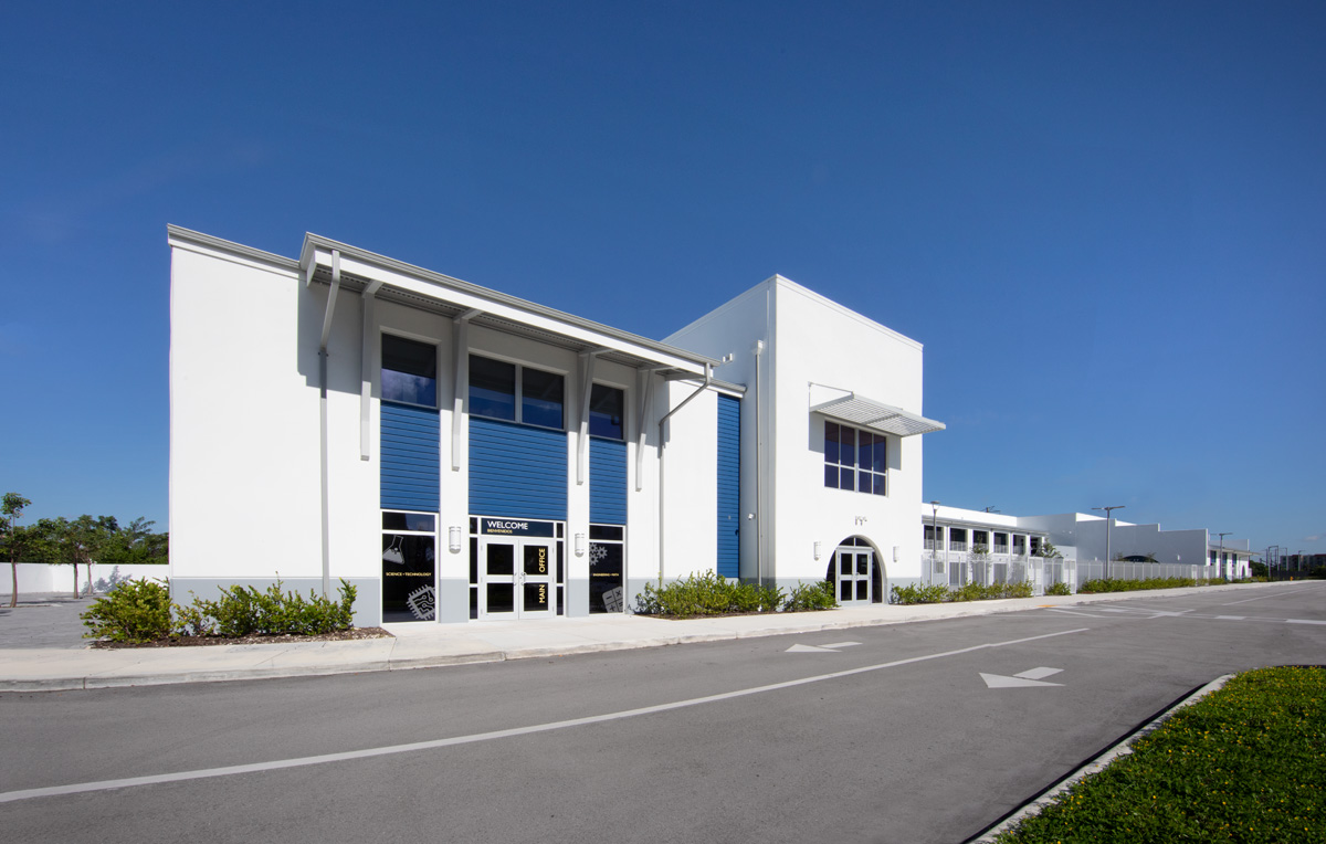 Architectural view of the Pinecrest prep charter k-12 school in Miami.